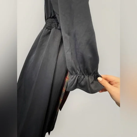 Bloomchic plaid belted cinched waist, long sleeve elastic ruffle wrist dress - Picture 9 of 11